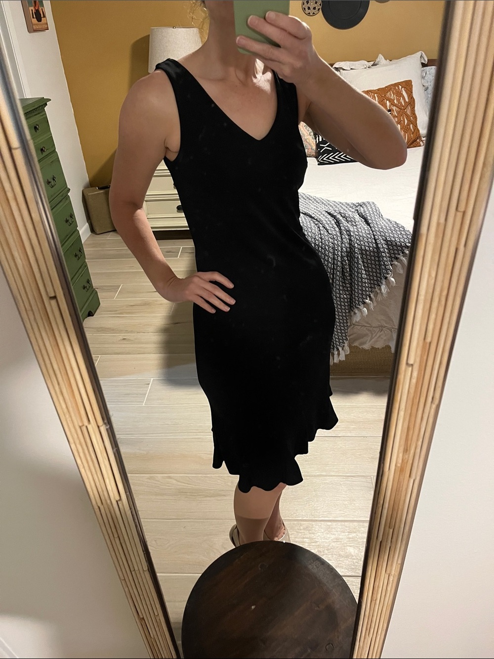 Ann Taylor Black V-Neck Midi Dress with Ruffle Hem